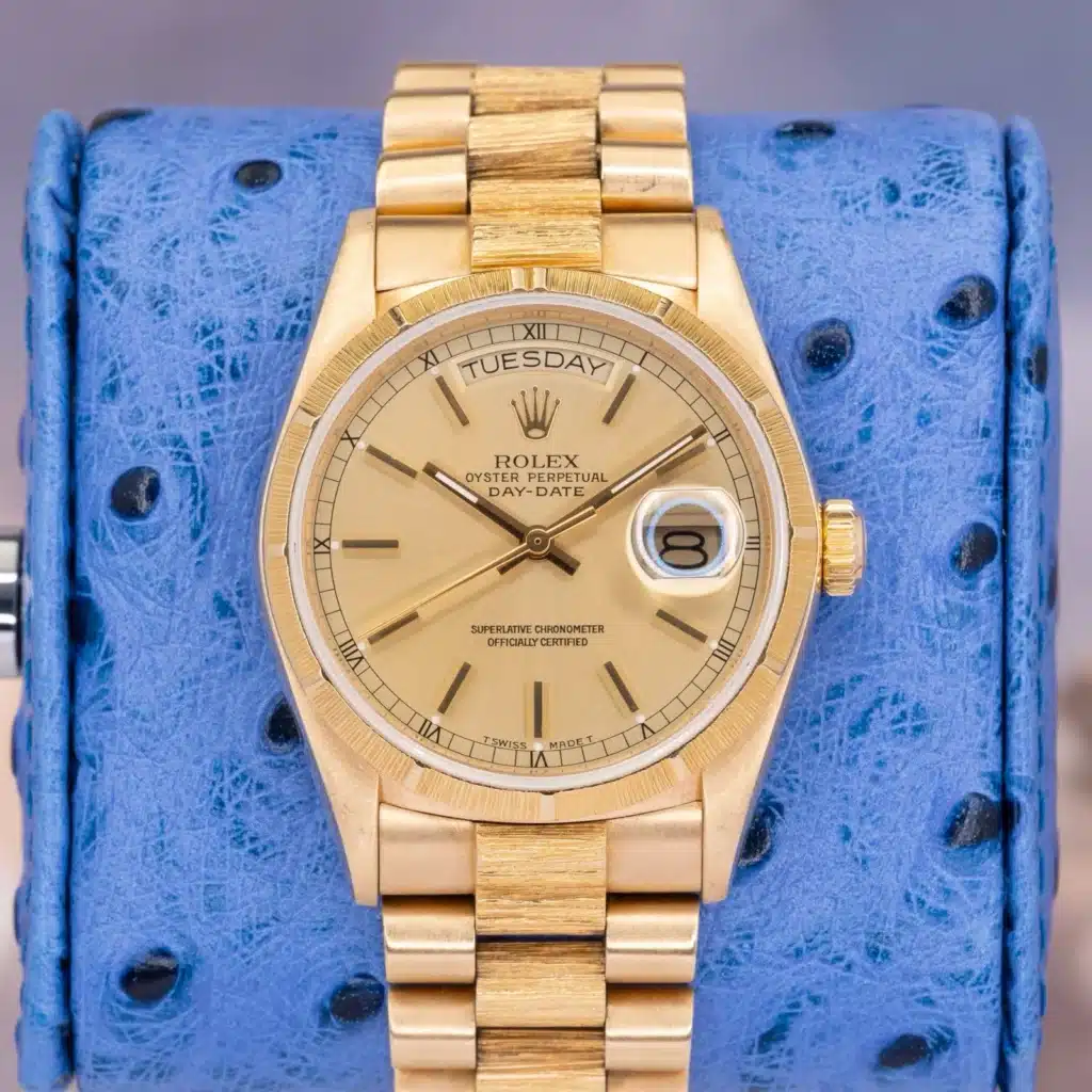 1986 Rolex Day-Date 36 18078 Bark Finish Champagne Dial Yellow Gold 36mm
