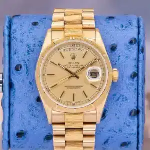 1986 Rolex Day-Date 36 18078 Bark Finish Champagne Dial Yellow Gold 36mm