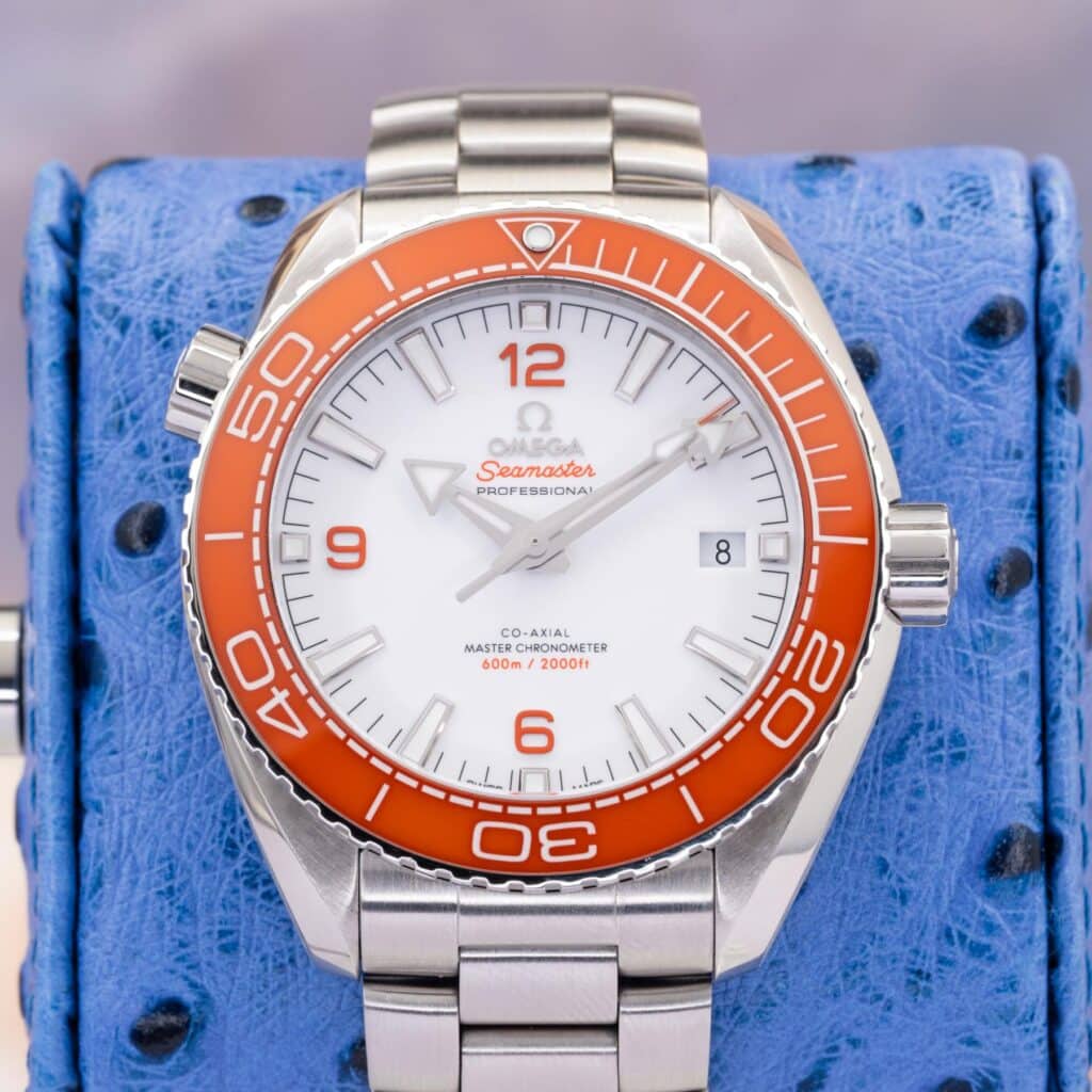 Omega Seamaster Planet Ocean 600m Master 215.30.44.21.01.001 black dial front view showing ceramic bezel and steel bracelet