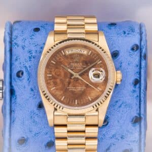 1982 Rolex Day-Date 36 18038 Walnut Burl Dial 18k Yellow Gold Box Papers 36mm