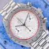 Omega Speedmaster Racing stainless steel bracelet links and clasp detail on blue ostrich pillow showing polished center links