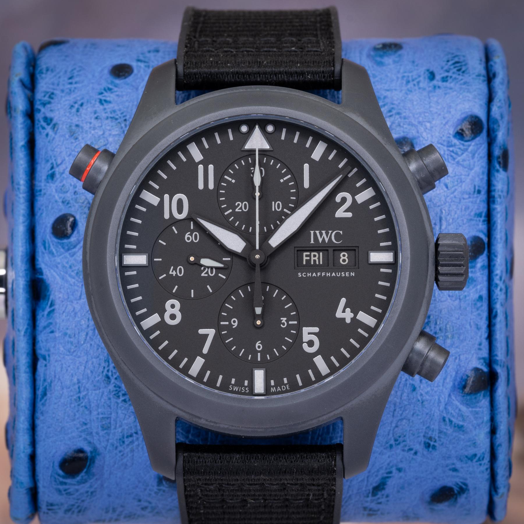 IWC Pilot Double Chronograph IW371815 Black dial ceramic — front dial view