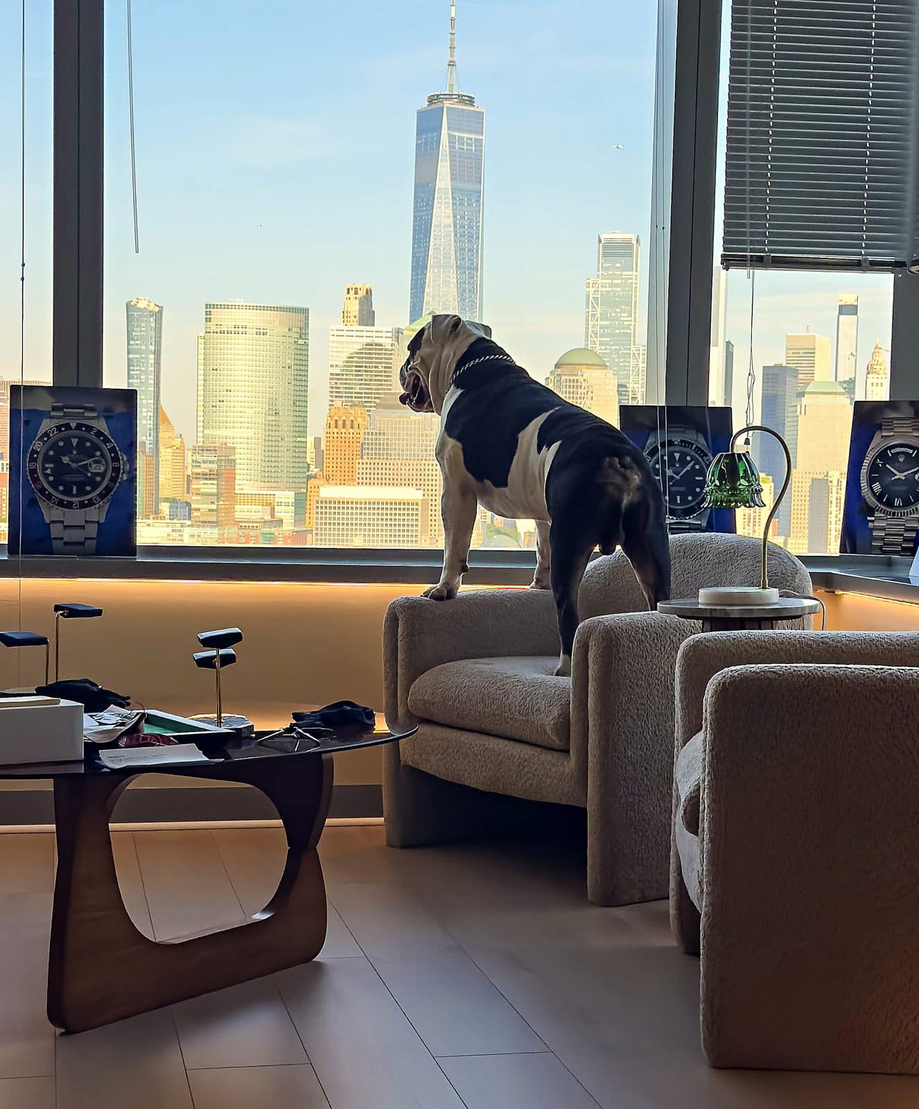 Inside the Palazzo Watches & Gems showroom at 185 Hudson Street, Jersey City, overlooking the Manhattan skyline.