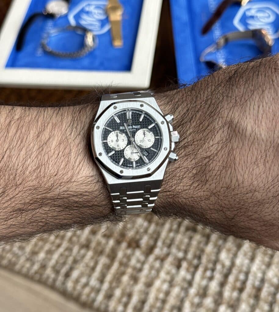 Audemars Piguet Royal Oak Chronograph with a black dial on the wrist at Palazzo Watches & Gems, Jersey City